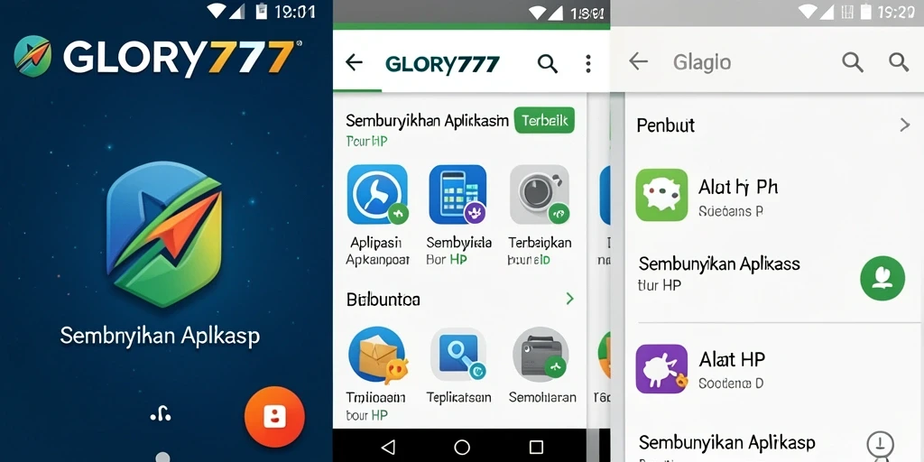 Antarmuka utama GLORY777 menampilkan fungsi Sembunyikan Aplikasi yang sederhana dan efektif.